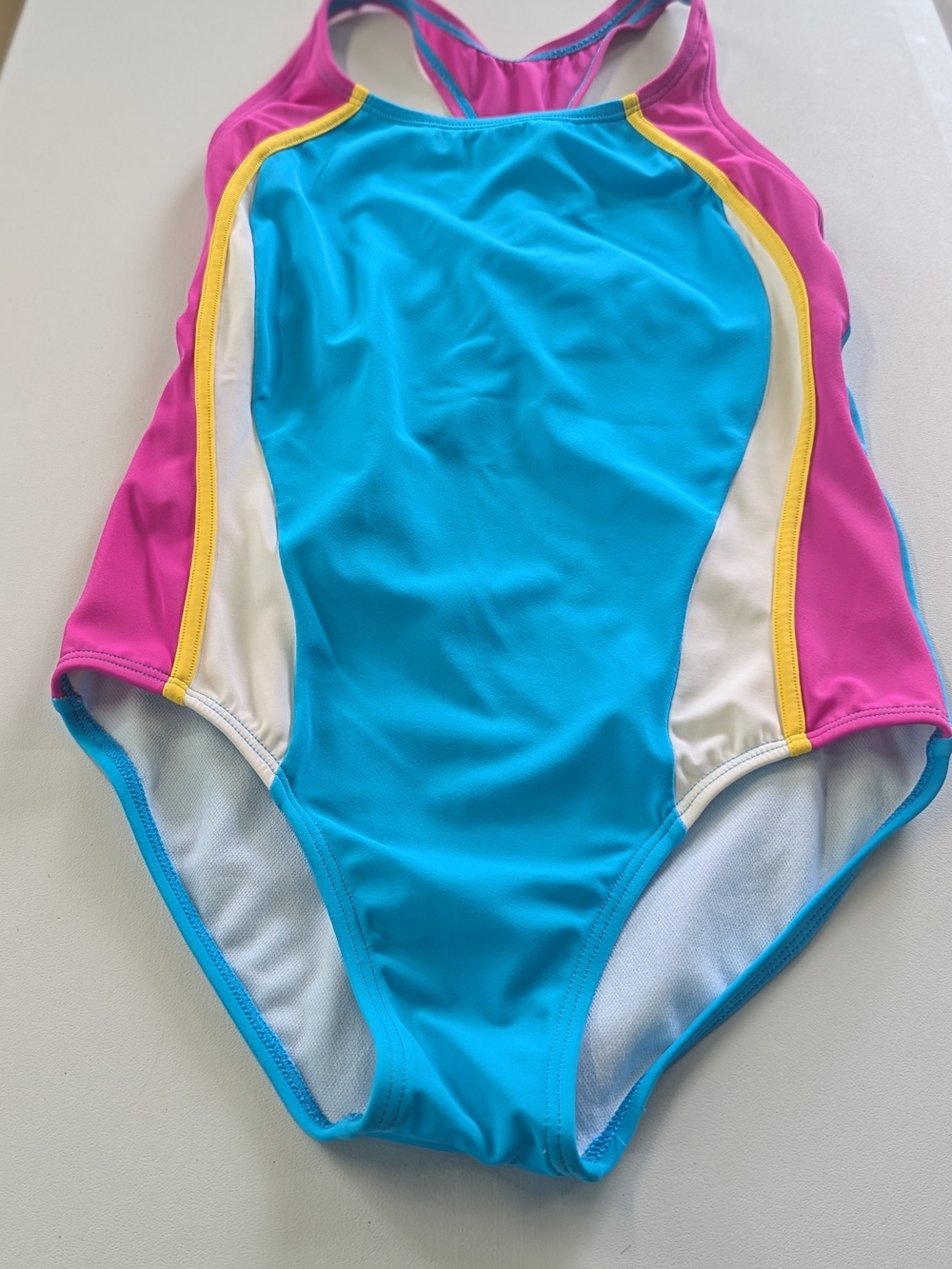 Speedo Girls Size 14 One Piece Swimsuit Blue Pink Colorblock Racerback Youth